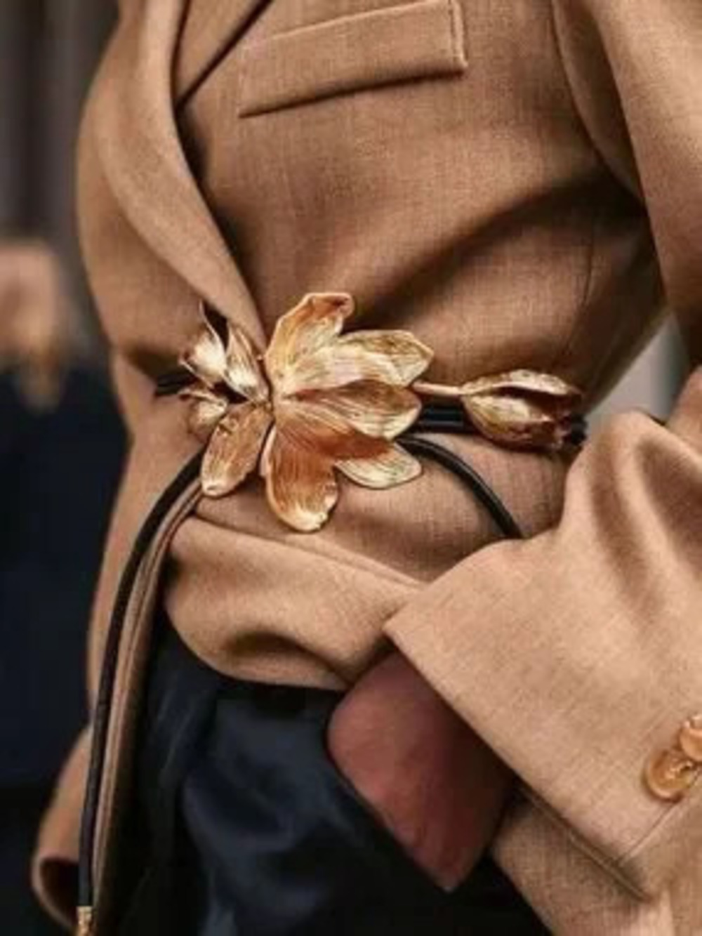 Luxury Sculptural Gold Floral Waist Belt with Black Cord